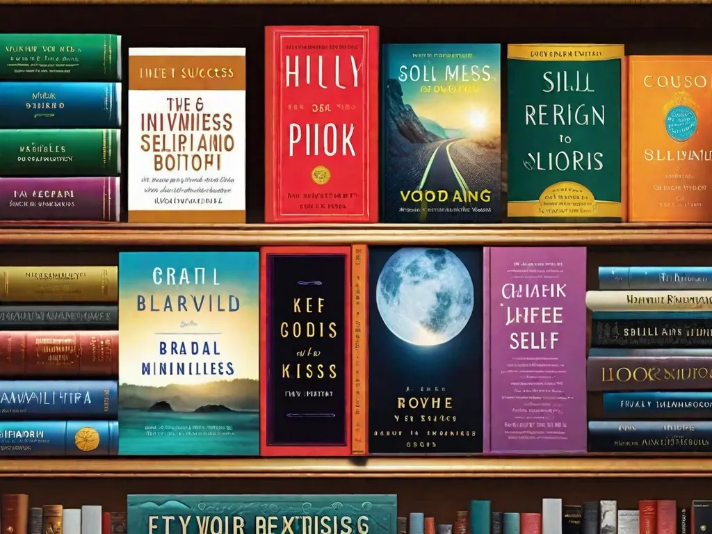 Descrição da imagem: Um close-up de uma estante de livros cheia de livros de autoajuda. Os livros estão arrumados de forma organizada, exibindo títulos sobre crescimento pessoal, motivação e bem-estar. Cada capa do livro apresenta cores vibrantes e tipografia cativante, convidando os leitores a explorarem seu potencial interior e encontrarem orientação em sua jornada de aut