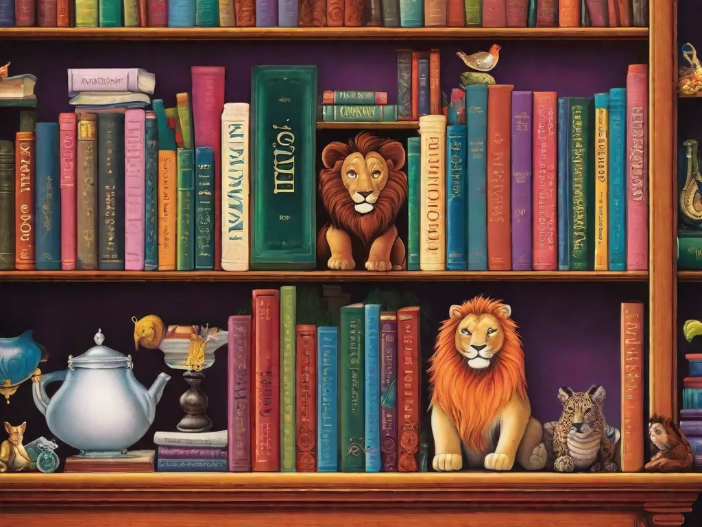 Descrição: Uma ilustração colorida de uma estante de livros repleta de clássicos da literatura infantil. Os livros estão organizados de forma arrumada, com títulos como