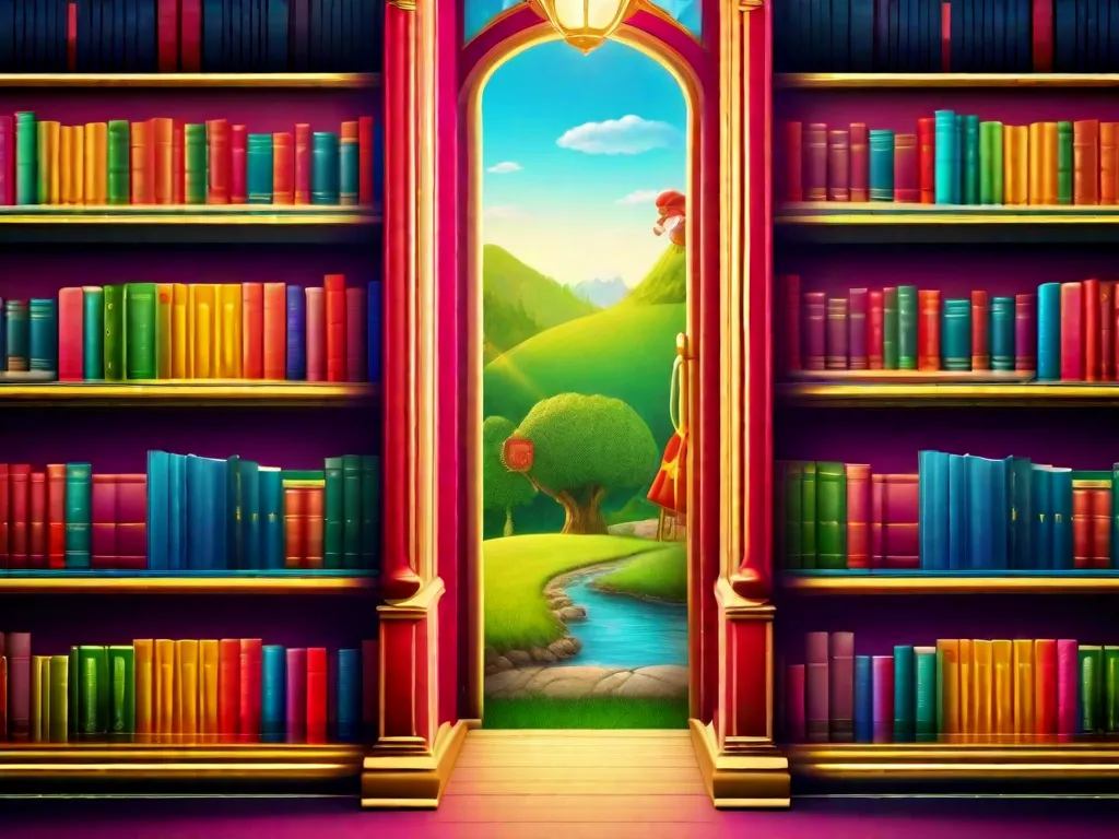 Descrição: Uma ilustração colorida de uma estante de livros repleta de clássicos da literatura infantil. Os livros são adornados com ilustrações vibrantes de personagens de contos de fadas, como princesas, cavaleiros e animais falantes. A imagem evoca uma sensação de nostalgia e alegria na contação de histórias, convidando os leitores a mergulharem no mundo m