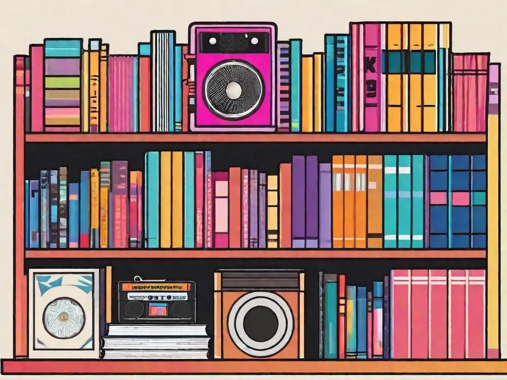 Descrição da imagem: Uma estante de livros vibrante e colorida cheia de uma mistura eclética de álbuns de K-pop e livros. As prateleiras estão meticulosamente organizadas, mostrando a variedade diversificada de artistas de K-pop e sua música. Os livros que cercam os álbuns são uma combinação de teoria musical, materiais para aprender a língua coreana e biografias de