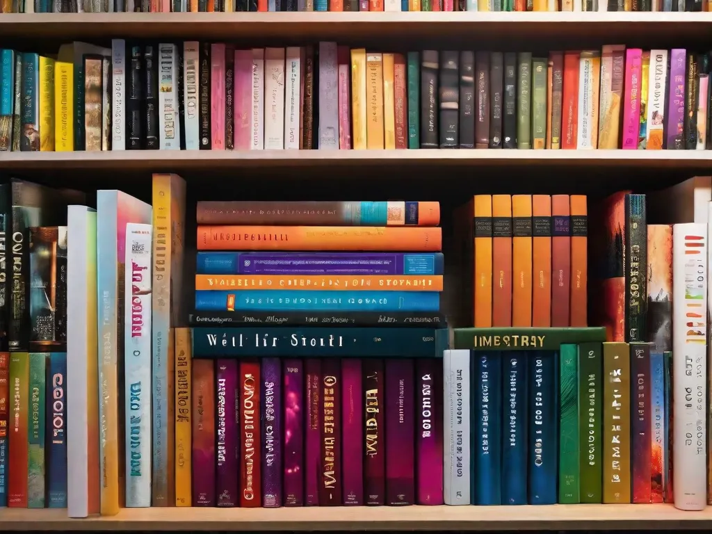 Descrição: Uma imagem em close-up de uma pilha de livros de autoajuda, cuidadosamente arrumados em uma mesa de madeira. Cada livro possui capas vibrantes e títulos que prometem crescimento pessoal, motivação e felicidade. A imagem captura a essência do autodesenvolvimento e o poder dos livros em nos guiar em nossa jornada rumo a uma vida melhor.