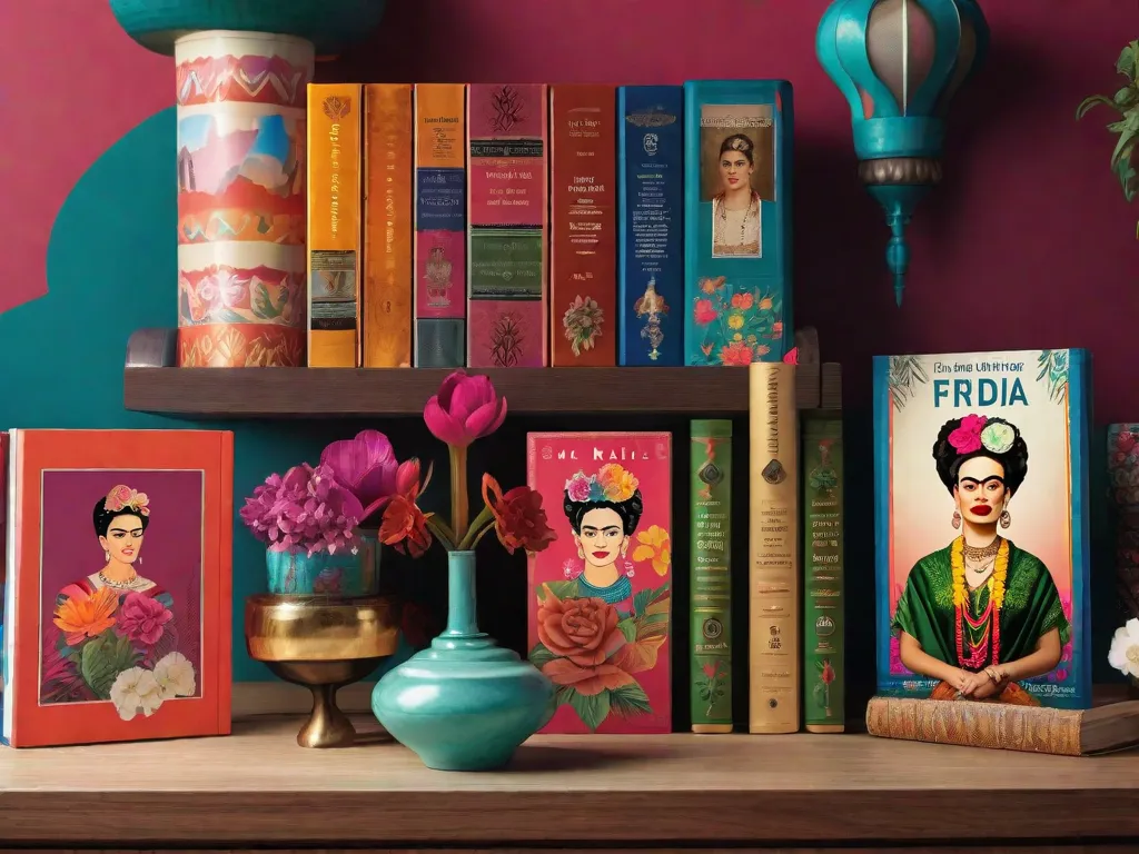Uma imagem vibrante mostrando uma pilha de livros adornada com flores coloridas, lembrando a icônica coroa de flores de Frida Kahlo. Cada livro representa uma faceta diferente da vida, arte e lutas de Frida, convidando os leitores a mergulhar em seu mundo extraordinário através da literatura.