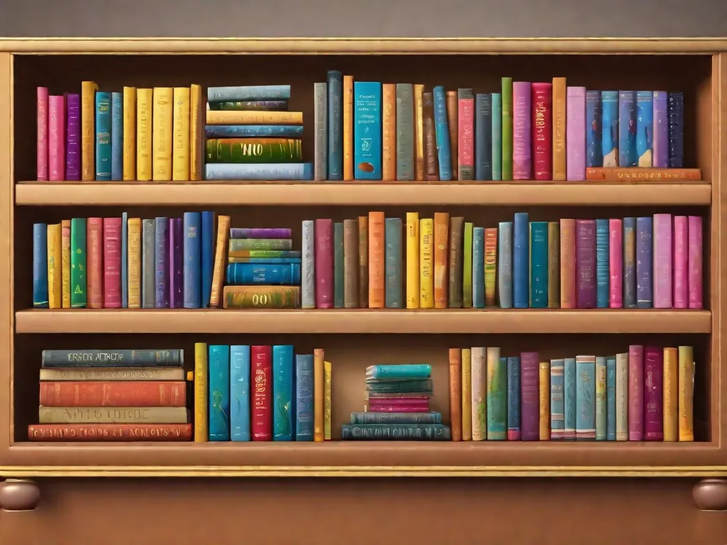 Descrição: Uma ilustração colorida de uma estante de livros repleta de clássicos da literatura infantil. Os livros estão organizados de forma arrumada, com títulos como