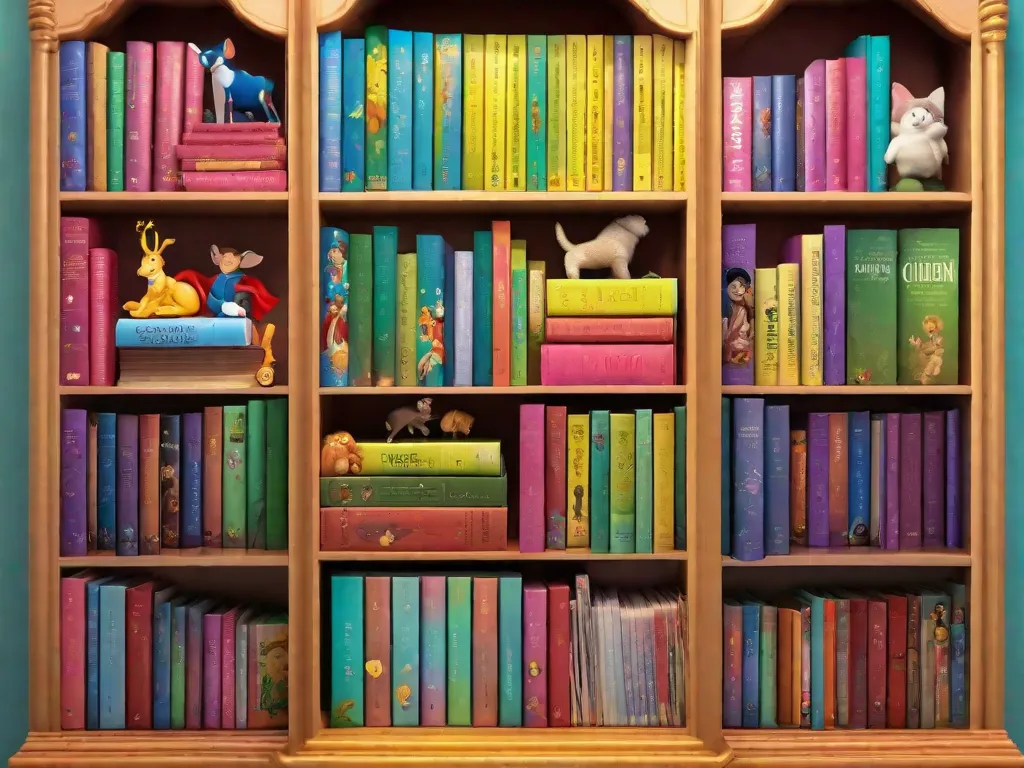 Descrição da imagem: Uma estante colorida cheia de vários livros de histórias, cada um representando uma história infantil diferente. Os livros estão arrumados de forma organizada, com capas vibrantes que mostram personagens como princesas, animais e super-heróis. A imagem evoca a alegria e a imaginação que as histórias trazem para a vida das crianças.