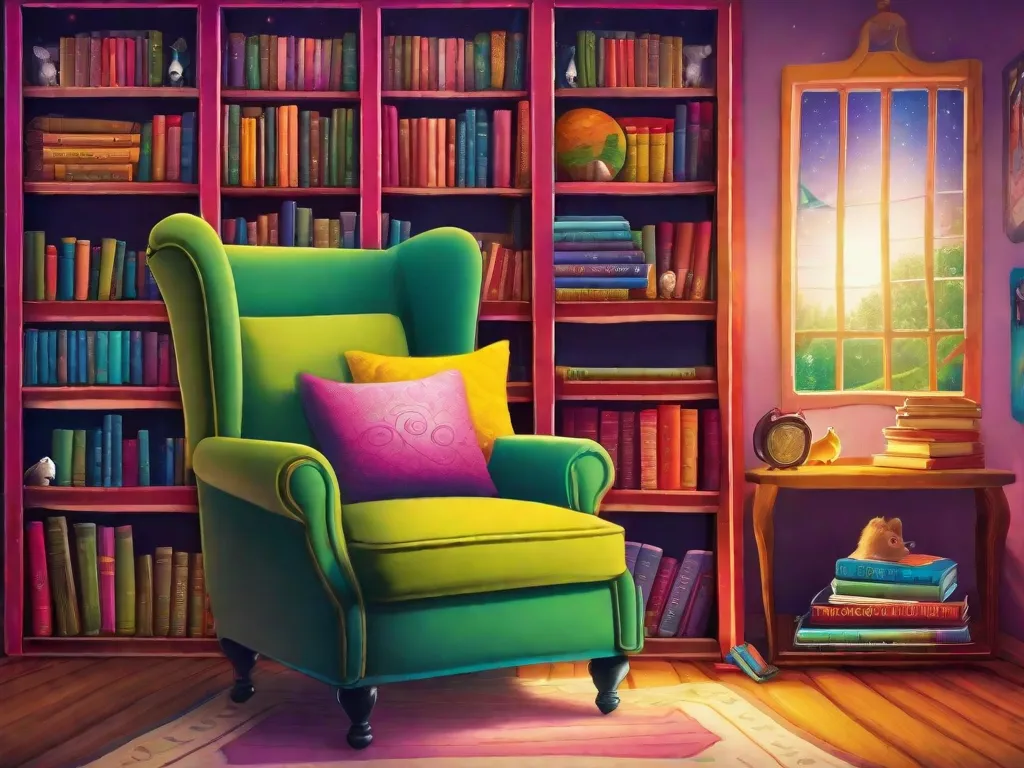 Descrição: Uma ilustração colorida de uma estante de livros cheia de clássicos da literatura infantil. Os livros têm capas vibrantes e estão arranjados de forma organizada, convidando os jovens leitores a explorar o mundo mágico das histórias. Um cantinho aconchegante para leitura, com uma cadeira confortável e uma manta macia, completa a imagem, criando um