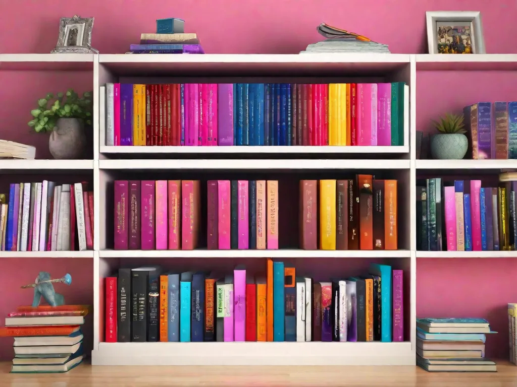 Descrição da imagem: Uma estante vibrante repleta de livros escritos por mulheres empoderadas. Os títulos se destacam, mostrando gêneros diversos como autoajuda, memórias e ficção. Cada livro representa uma voz e perspectiva únicas, inspirando os leitores a abraçarem seu próprio empoderamento e celebrarem as conquistas das mulheres.