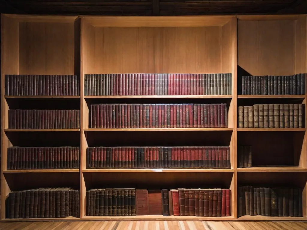 Em uma sala pouco iluminada, uma prateleira de madeira desgastada se ergue alta contra a parede. As prateleiras estão cheias até a borda com livros envelhecidos de Hiroshi Hirata, cada um carregando o peso de inúmeras histórias e aventuras. As capas, adornadas com ilustrações intrincadas, convidam os leitores para um mundo de samurais,