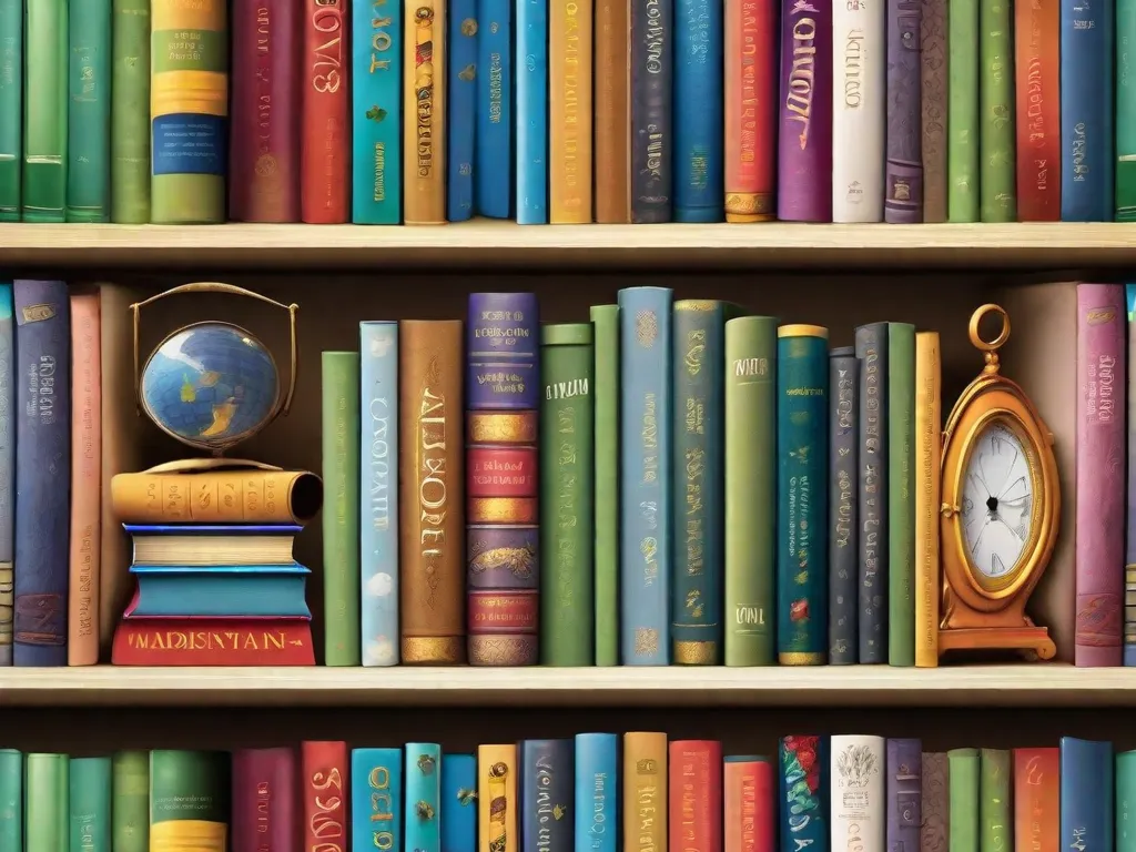 Uma ilustração extravagante de uma estante de livros cheia de livros de histórias coloridos, cada um representando um conto infantil clássico diferente. Os livros estão empilhados de maneira lúdica, com personagens como Alice no País das Maravilhas, Peter Pan e O Pequeno Príncipe espiando, convidando os leitores para um mundo de imaginação e