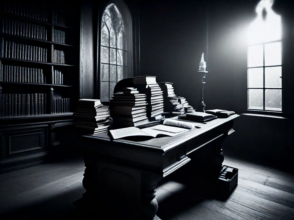 Uma imagem em preto e branco de um estudo com pouca iluminação, cheio de livros e manuscritos. No centro, uma mesa de madeira desgastada segura uma pena de escrever e papéis espalhados. O ambiente exala uma atmosfera de criatividade e mistério, lembrando o processo de escrita de Mary Shelley ao criar seu icônico romance, Frankenstein.