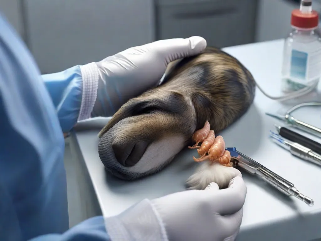 Descrição: Uma imagem em close-up da mão enluvada de um cirurgião veterinário examinando delicadamente a pata de um cachorro. O foco está nos detalhes intricados da anatomia da pata, destacando os tendões, ligamentos e ossos que permitem movimento e suporte para nossos amigos peludos.