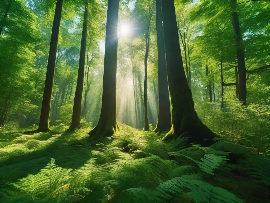 Descrição: Uma imagem vibrante que mostra uma floresta verde exuberante com árvores altas, um rio fluindo e uma fauna diversificada. Os raios do sol penetram pela densa copa das árvores, iluminando a rica biodiversidade e enfatizando a importância da sustentabilidade na preservação de nossos ecossistemas naturais para as futuras gerações.