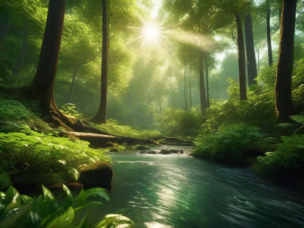 Descrição: Uma imagem de uma floresta verde exuberante com árvores altas, folhagem vibrante e um riacho claro que flui por ela. A luz do sol passa pelas folhas, criando uma bela cena natural que representa o conceito de sustentabilidade e a importância de preservar nosso meio ambiente para as gerações futuras.