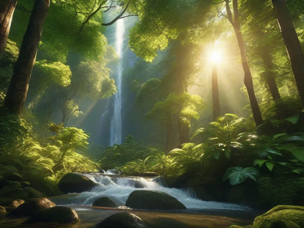 Descrição: Uma imagem vibrante que mostra uma floresta verde exuberante com árvores altas, um rio fluindo e uma fauna diversificada. Os raios do sol penetram pela densa copa das árvores, iluminando a rica biodiversidade e enfatizando a importância da sustentabilidade na preservação de nossos ecossistemas naturais para as futuras gerações.