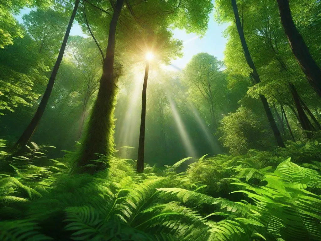 Descrição: Uma imagem vibrante de uma floresta verde exuberante com árvores altas que se estendem em direção ao céu. A luz do sol filtra-se pela folhagem densa, lançando um brilho quente no chão da floresta. A imagem representa o conceito de sustentabilidade, destacando a importância de preservar e proteger nosso ambiente natural para as gerações futuras.