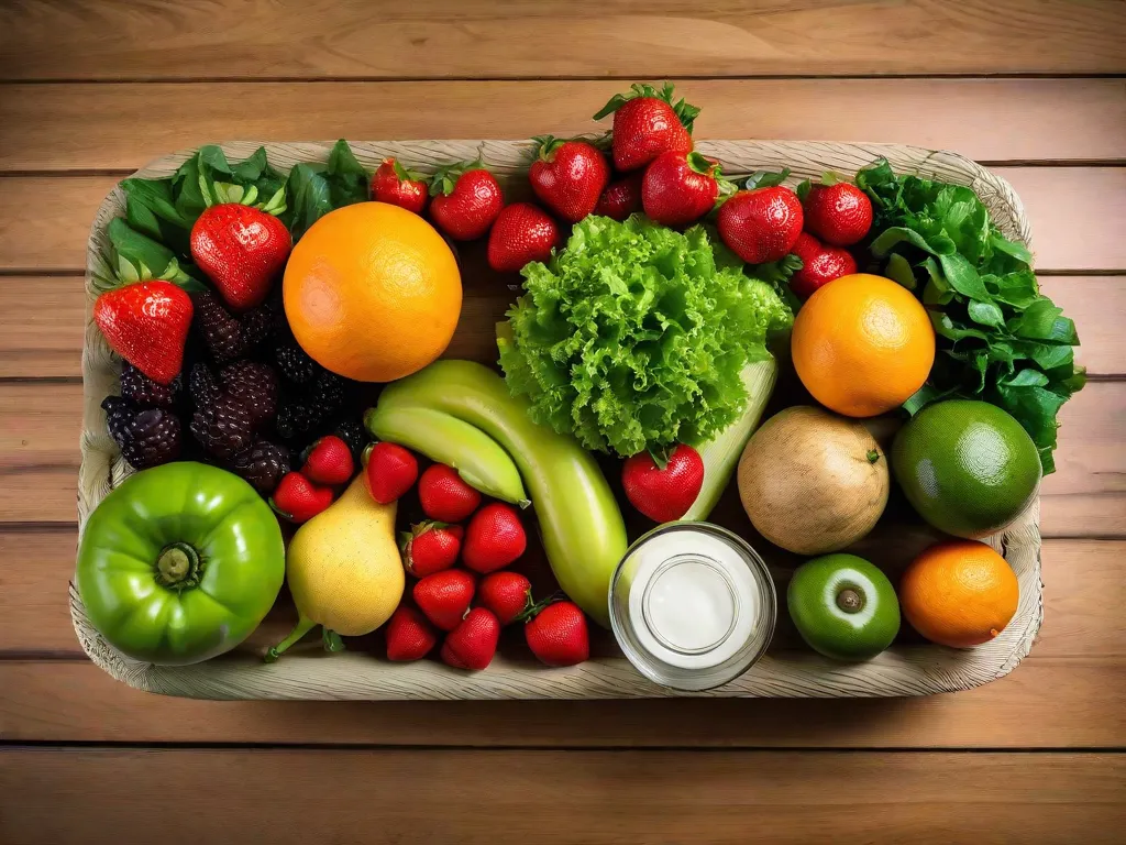 Descrição da imagem: Uma imagem vibrante e colorida mostrando uma variedade de frutas e legumes frescos, dispostos de forma organizada em uma mesa de madeira. A seleção inclui laranjas suculentas, morangos maduros, alface verde e crocante, tomates vermelhos vibrantes, cenouras crocantes e um cacho de bananas maduras. Esta imagem representa a importância da nutrição no