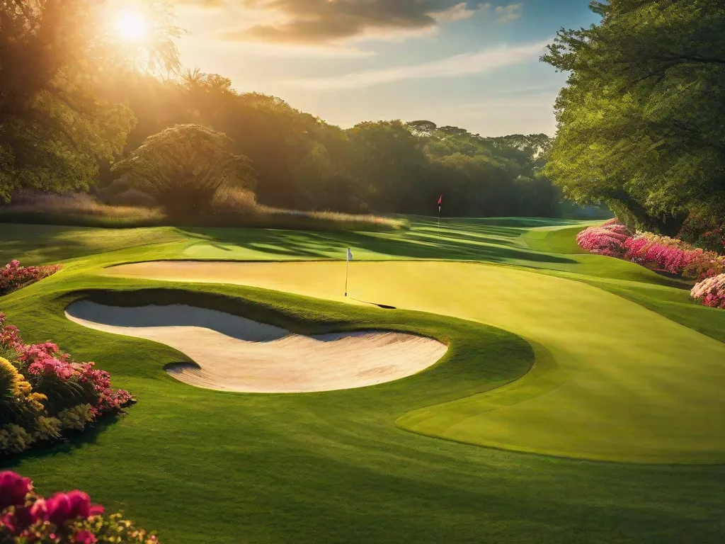 Uma imagem deslumbrante captura a essência do golfe: um campo verde perfeitamente cuidado estendendo-se ao longe, cercado por árvores exuberantes e flores vibrantes. Um golfista em pleno movimento de swing adiciona um elemento dinâmico, com o sol lançando um brilho dourado na cena, criando um momento sereno e pitoresco no campo.