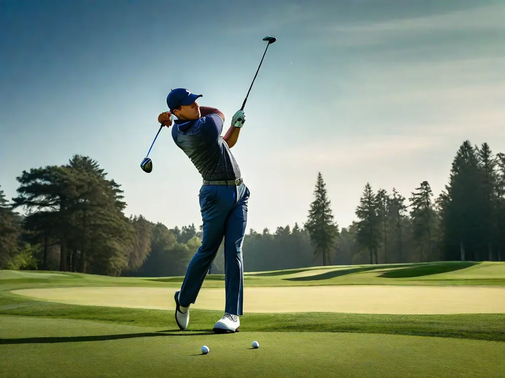 Uma imagem pitoresca de um golfista em pé em um fairway verde exuberante, enquadrado por árvores altas e um céu azul claro. O golfista está no meio do swing, com o taco varrendo graciosamente o ar, capturando a essência da elegância e precisão do esporte.