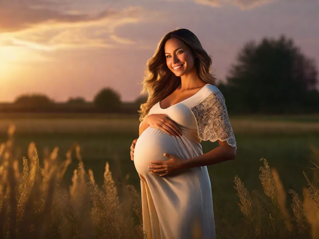 Descrição: Uma bela imagem que mostra a beleza natural da gravidez. Uma mãe radiante espera, em pé, em um campo iluminado pelo sol, acariciando sua barriga com um sorriso sereno no rosto. Os tons dourados do pôr do sol iluminam sua silhueta, simbolizando a alegria e a antecipação de trazer uma nova vida ao mundo.