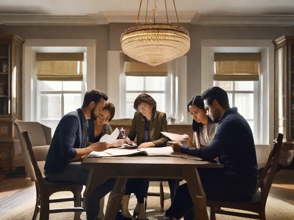 Uma fotografia de um grupo de adultos sentados ao redor de uma mesa, envolvidos em uma discussão e segurando documentos. Eles estão examinando e organizando cuidadosamente seus pertences, simbolizando o processo de inventário e compartilhamento. A imagem captura a atmosfera colaborativa e ponderada dessa tarefa.