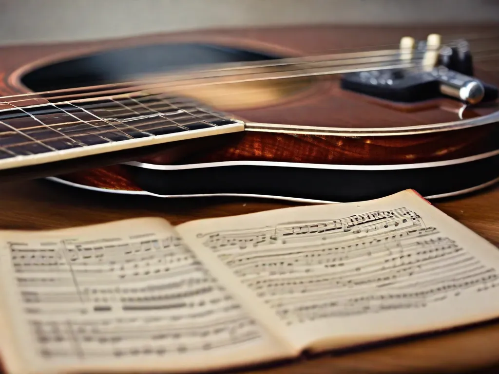 Imagem: Uma fotografia em close-up de uma guitarra desgastada com suas cordas visíveis. Ao lado da guitarra, há um dicionário muito usado aberto na página de acordes musicais. A imagem captura a conexão harmoniosa entre música e conhecimento, simbolizando como livros como um dicionário de acordes capacitam músicos a criar belas melodias.