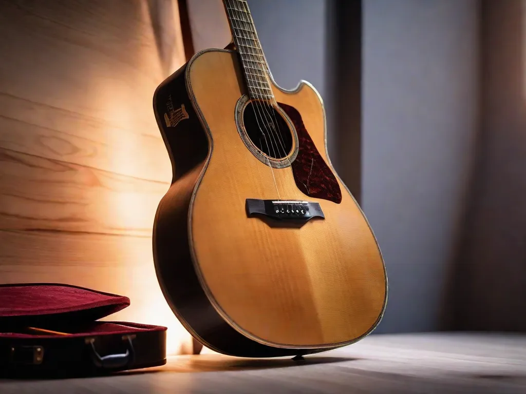 Descrição: Uma imagem em close-up de uma guitarra descansando em um suporte de madeira, suas cordas iluminadas por um suave holofote. A escala desgastada do instrumento e seu corpo envelhecido contam histórias de inúmeras melodias tocadas, enquanto as cores vibrantes das cordas evocam uma sensação de ritmo e harmonia.