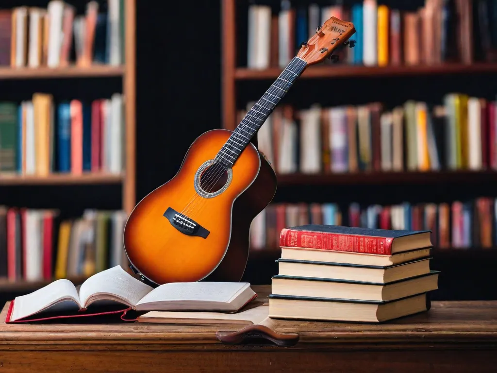 Imagem: Uma fotografia em close-up de uma guitarra desgastada com suas cordas visíveis. Ao lado da guitarra, há um dicionário muito usado aberto na página de acordes musicais. A imagem captura a conexão harmoniosa entre música e conhecimento, simbolizando como livros como um dicionário de acordes capacitam músicos a criar belas melodias.