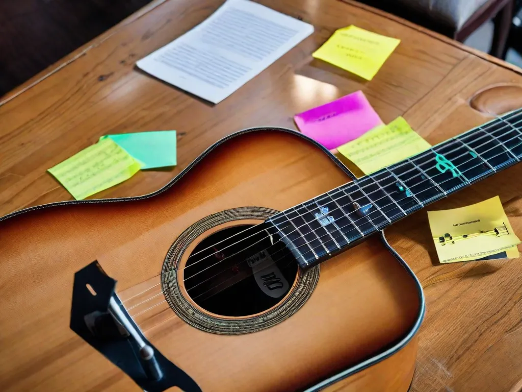 Descrição da imagem: Uma fotografia em close-up de uma guitarra bem desgastada, deitada sobre uma mesa de madeira. O braço da guitarra é visível, exibindo vários acordes que foram marcados com notas adesivas coloridas. Ao redor da guitarra, há livros abertos, incluindo um dicionário e partituras, simbolizando a relação harmoniosa entre música e literatura.