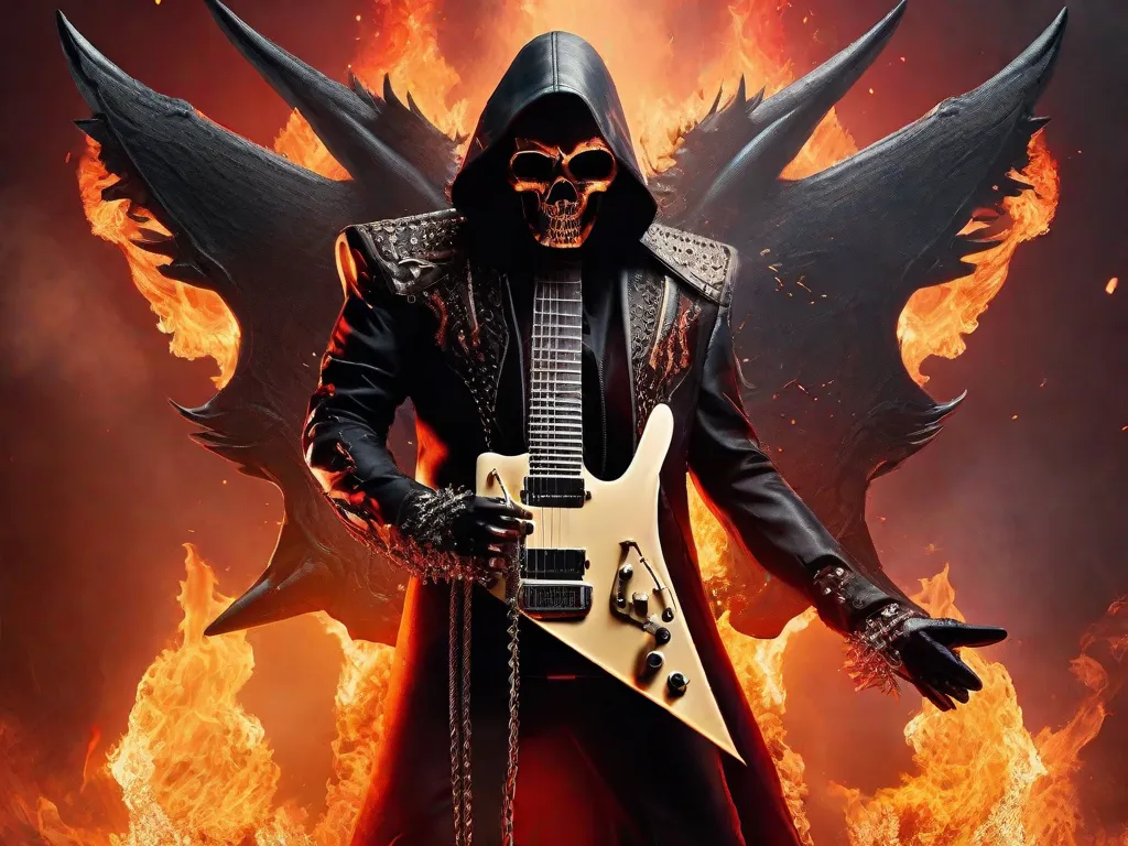 Uma guitarra elétrica, adornada com pontas e correntes metálicas, está apoiada contra um fundo de chamas vermelhas e laranjas ardentes. As cordas estão sendo tocadas com intensidade por uma mão tatuada, criando uma explosão de som que reverbera pelo ar. A energia é intensa, capturando a essência do heavy metal.