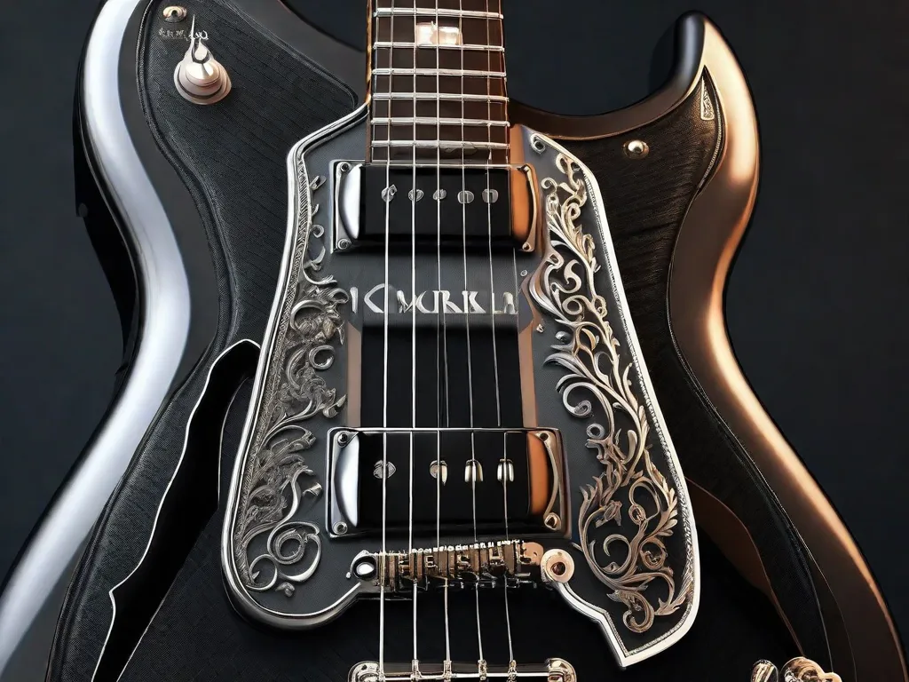 Um close-up de uma guitarra elétrica preta, adornada com detalhes prateados intricados, exalando uma aura poderosa. As cordas estão tensas, prontas para liberar uma melodia estrondosa que ressoa com o espírito rebelde do heavy metal.