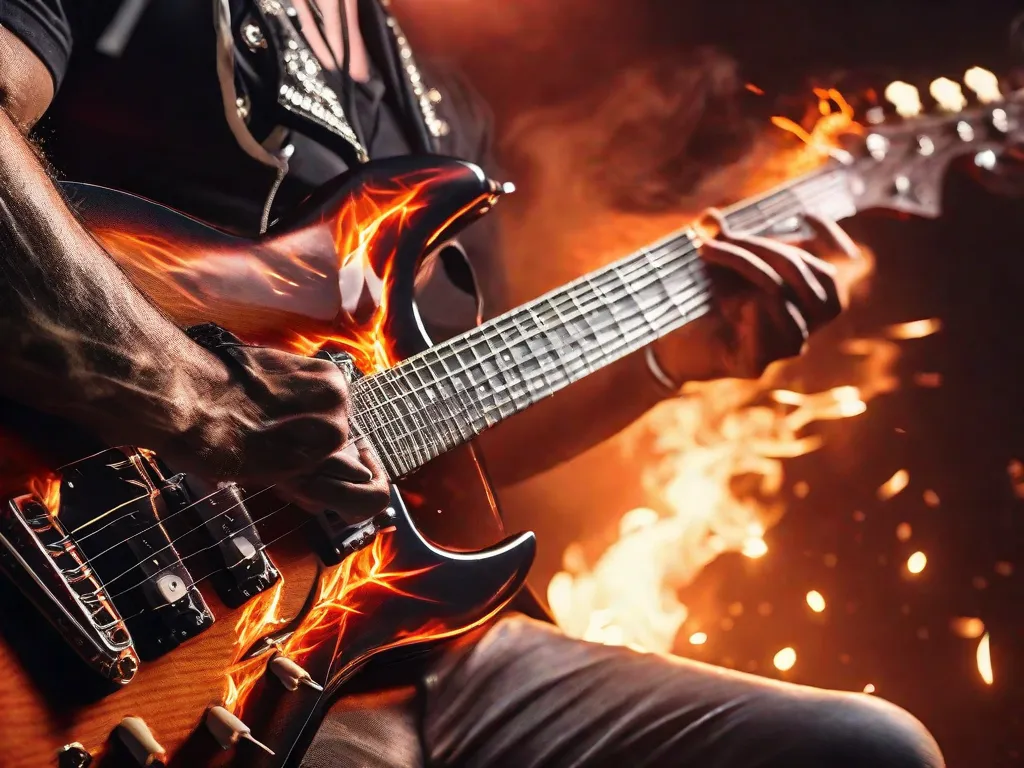 Um close-up das mãos de um guitarrista tocando ferozmente as cordas de uma guitarra elétrica, iluminadas por um holofote vermelho ardente. Os dedos do músico se movem rapidamente, capturando a energia bruta e a intensidade de uma performance de heavy metal. A imagem exala poder e paixão, incorporando perfeitamente o espírito do gênero.