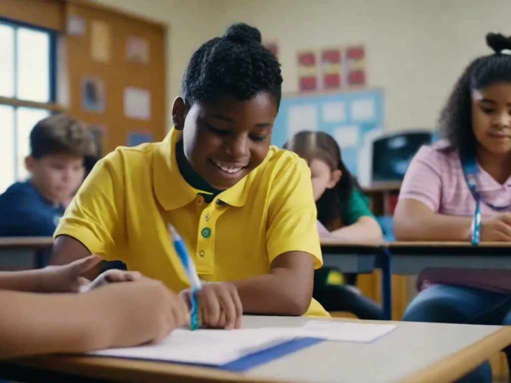 Na imagem, um grupo diversificado de estudantes com necessidades especiais está envolvido em uma atividade em sala de aula. O professor está utilizando recursos visuais e tecnologia adaptativa para apoiar sua aprendizagem. O ambiente é inclusivo e de apoio, promovendo igualdade de oportunidades e educação personalizada para todos os estudantes.