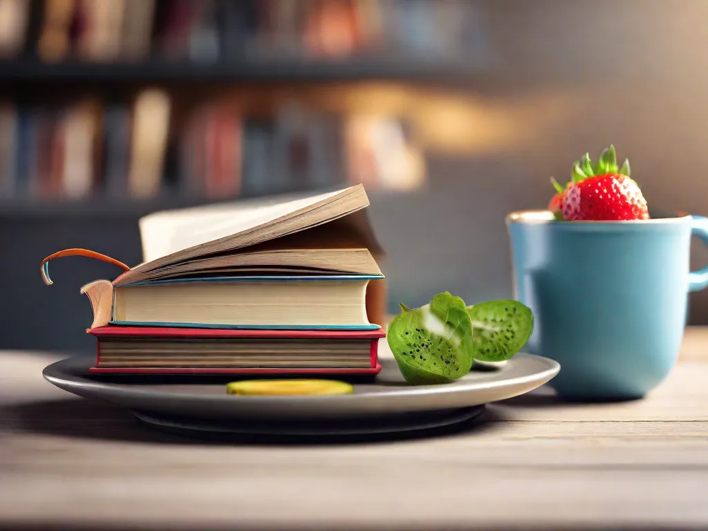 Descrição da imagem: Uma pilha de livros com um prato de comida saudável ao lado, representando o tema de