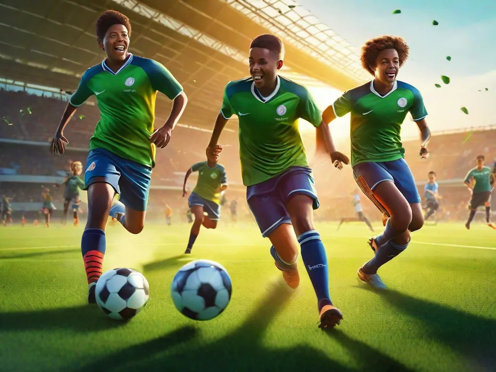 Descrição da imagem: Um grupo de jovens jogadores de futebol, vestindo camisas coloridas, está correndo em um campo verde exuberante. Eles estão chutando a bola com entusiasmo, mostrando suas habilidades e trabalho em equipe. O sol está brilhando intensamente, lançando longas sombras enquanto eles perseguem a bola com determinação e alegria.