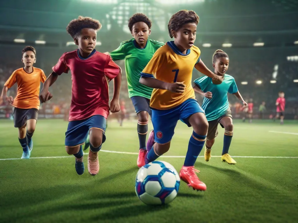 Um grupo de jovens jogadores de futebol com camisas coloridas e chuteiras, correndo atrás de uma bola de futebol em um campo verde. Seus rostos cheios de determinação e empolgação enquanto mostram suas habilidades e trabalho em equipe em uma partida animada de futebol juvenil.