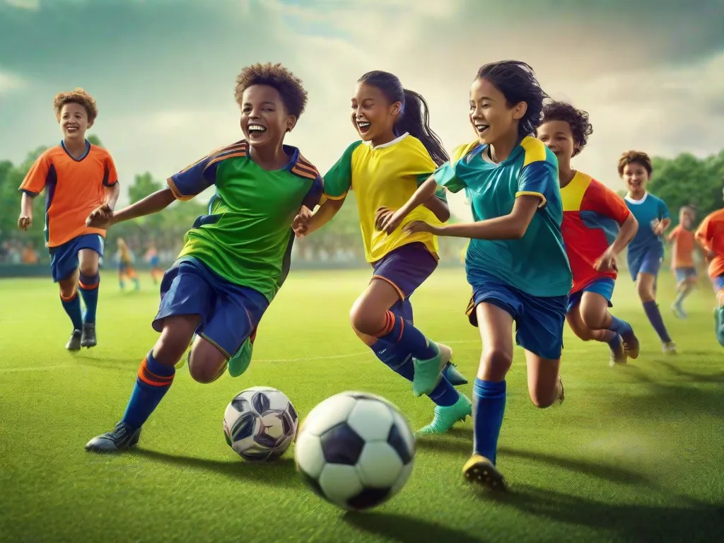 Um grupo de jovens jogadores de futebol, cheios de energia e entusiasmo, são vistos em um campo verde, usando camisas coloridas e chutando uma bola com grande paixão. Seus rostos determinados refletem sua dedicação ao jogo, enquanto eles perseguem a bola com pura alegria e trabalho em equipe.