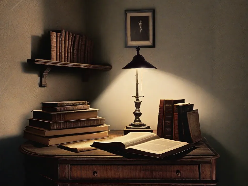 Descrição da imagem: Um quarto com pouca luz, com uma única mesa de madeira no centro. Sobre a mesa, uma pilha de livros de Franz Kafka se destaca, lançando longas sombras. Os livros estão desgastados e envelhecidos, refletindo os temas profundos e enigmáticos explorados nas escritas de Kafka. A imagem captura a essência do mundo literário de Kafka, convidando os