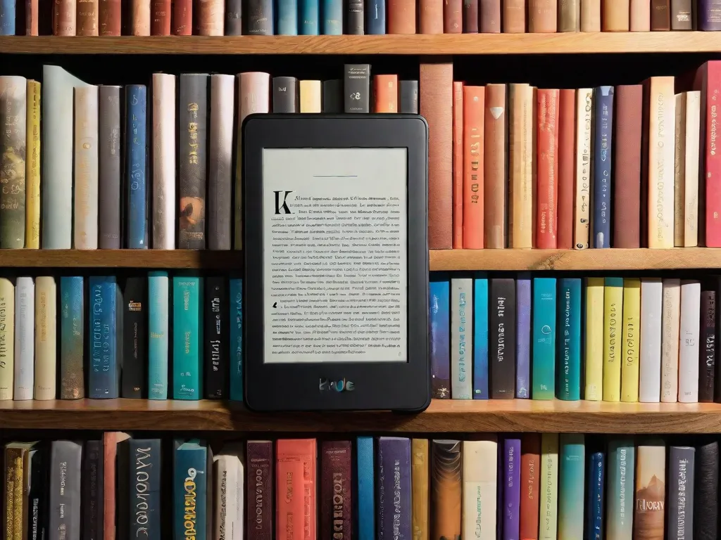 Descrição da imagem: Um close-up de um leitor de e-books Kindle deitado sobre uma mesa de madeira, cercado por uma pilha de livros. A tela do Kindle exibe a capa de um livro cativante, com a palavra