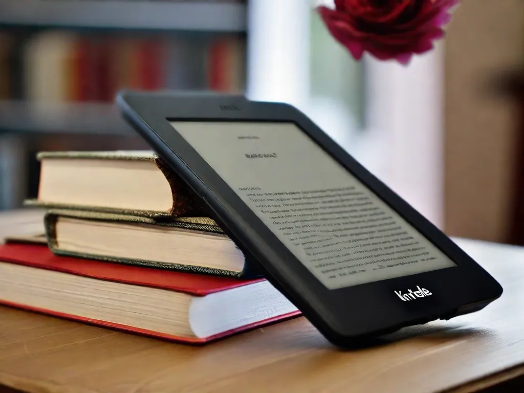 Descrição da imagem: Um close-up de um leitor de e-books Kindle com uma pilha de livros ao fundo. A tela do Kindle exibe a capa de um livro cativante, simbolizando a conveniência e portabilidade dos e-books, enquanto os livros físicos ao fundo representam o encanto insubstituível e a experiência tangível da leitura tradicional.