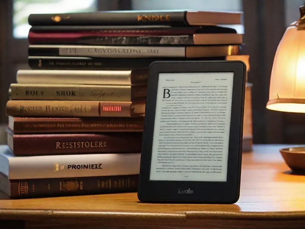 Descrição da imagem: Um close-up de um leitor de e-books Kindle com uma pilha de livros ao fundo. A tela do Kindle exibe a capa de um livro cativante, simbolizando a conveniência e portabilidade dos e-books, enquanto os livros físicos ao fundo representam o encanto insubstituível e a experiência tangível da leitura tradicional.