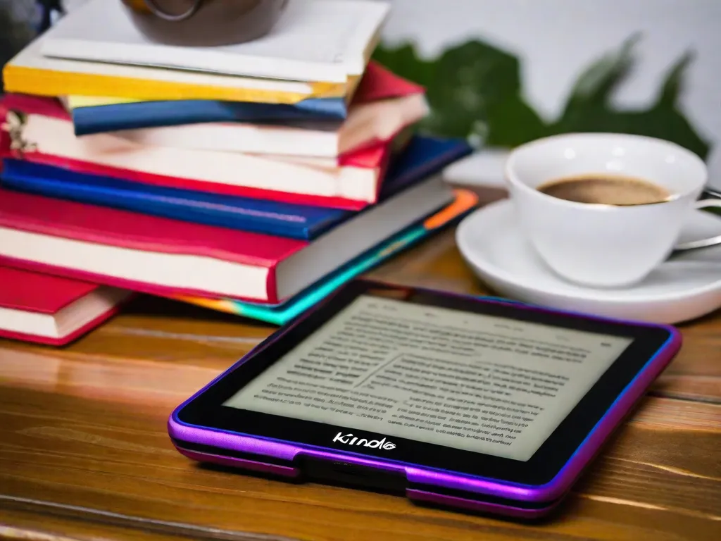 Descrição da imagem: Um close-up de um elegante e moderno leitor de e-books Kindle, posicionado sobre uma mesa de madeira. O Kindle está aberto, exibindo a capa de um e-book com cores vibrantes. A mesa é decorada com uma xícara de café, um par de óculos de leitura e uma pilha de livros, simbolizando a coexistência entre os livros tradicionais e a conveniência