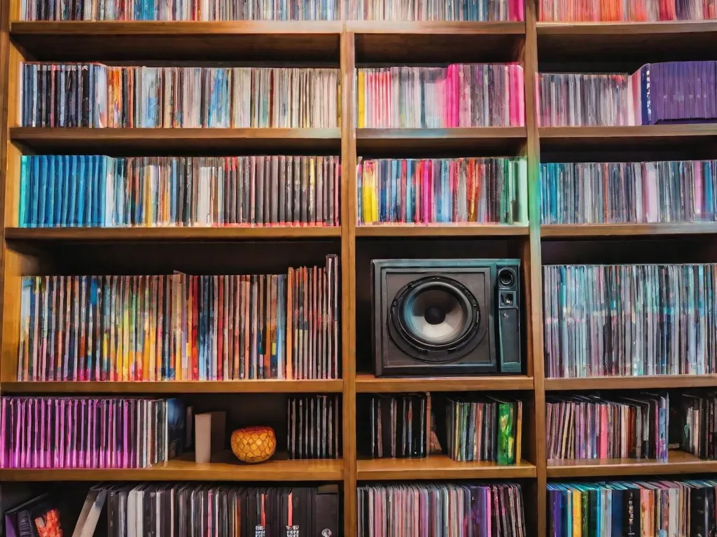 Descrição da imagem: Uma estante de livros vibrante e colorida cheia de uma mistura eclética de álbuns de K-pop e livros. As prateleiras estão meticulosamente organizadas, mostrando a variedade diversificada de artistas de K-pop e sua música. Os livros que cercam os álbuns são uma combinação de teoria musical, materiais para aprender a língua coreana e biografias de