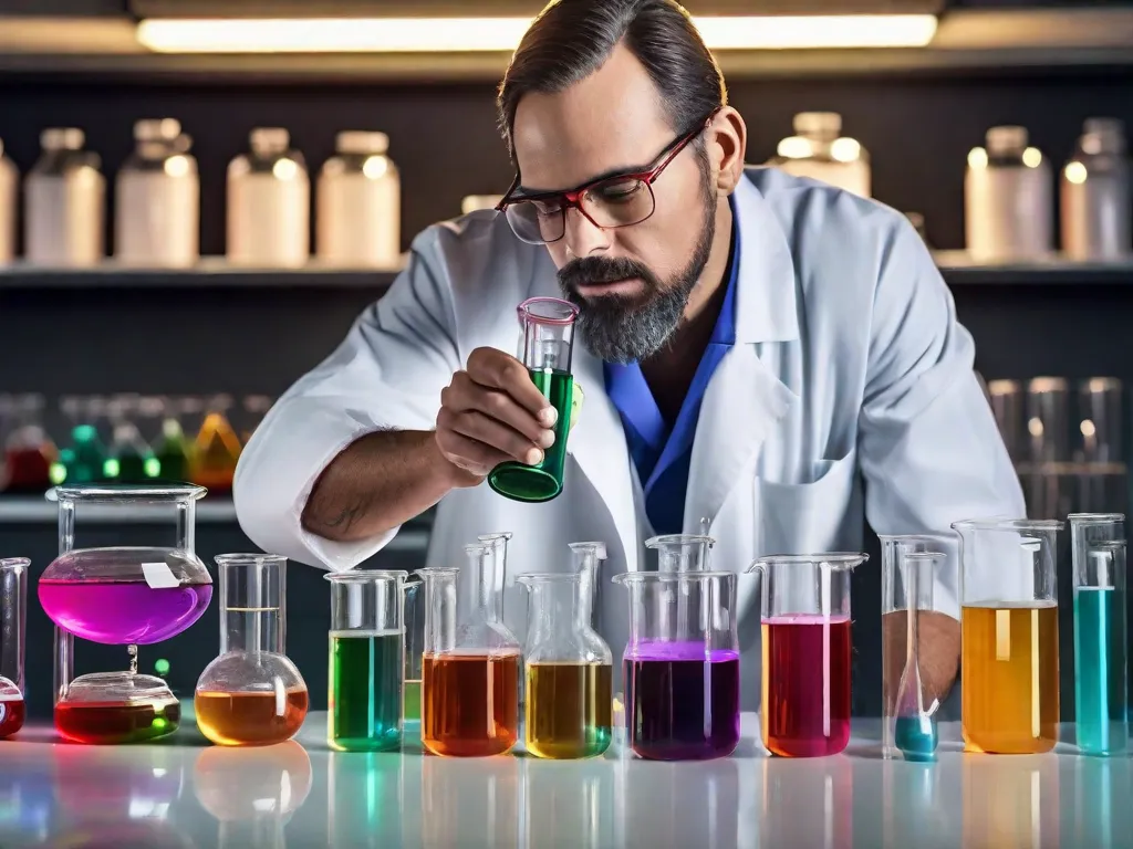 Uma imagem em close-up de uma variedade colorida de tubos de ensaio preenchidos com diversas soluções químicas, alinhados em um laboratório. Os líquidos vibrantes dentro dos tubos representam a diversidade de experimentos e reações que podem ser explorados no campo da química.