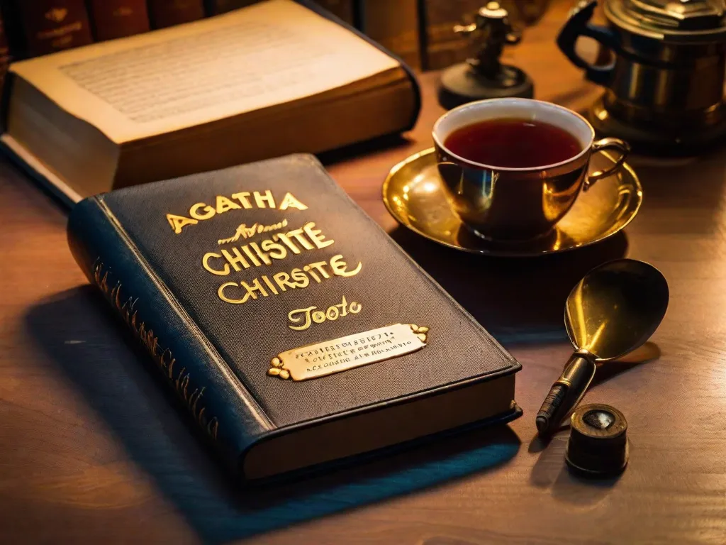 Uma imagem em preto e branco captura a essência dos romances de mistério de Agatha Christie. Uma máquina de escrever antiga repousa sobre uma mesa, cercada por uma pilha de seus livros icônicos. O quarto com pouca iluminação cria uma atmosfera de suspense, convidando os leitores a se envolverem em seu emocionante mundo de crime e intriga.