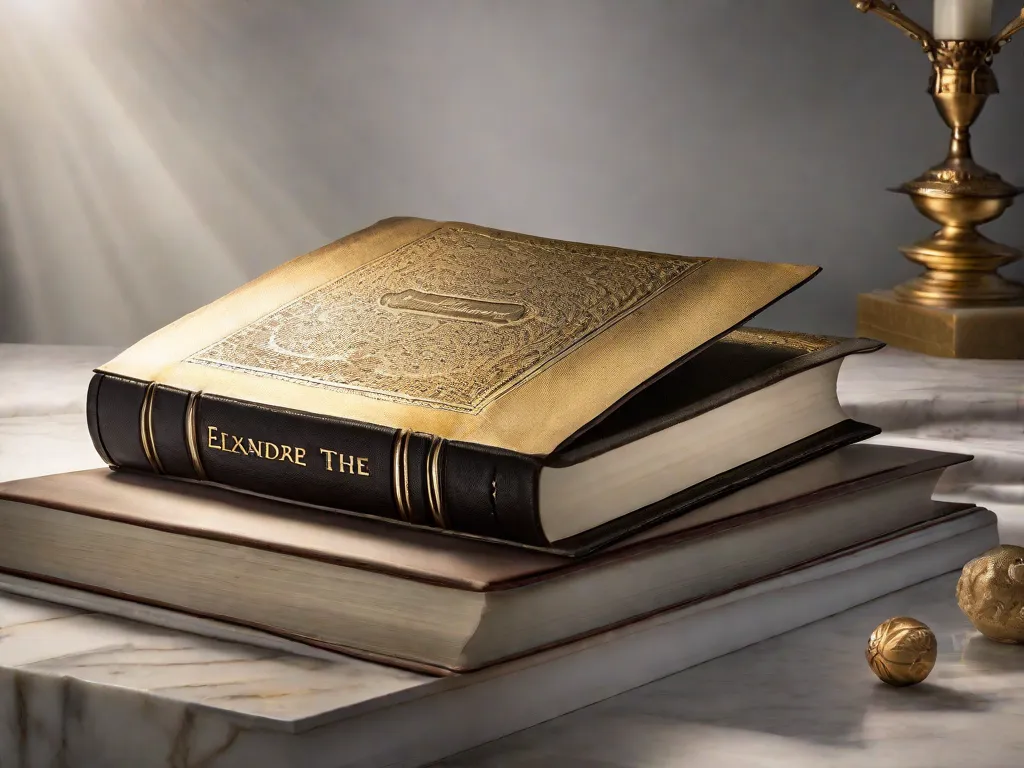 Uma imagem majestosa de um livro desgastado, encadernado em couro, com o título