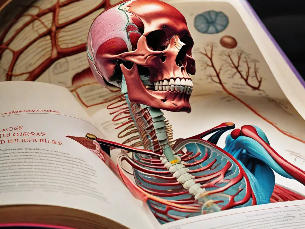 Descrição da Imagem: Uma fotografia em close de um livro aberto revelando ilustrações intricadas da anatomia humana. As páginas exibem desenhos detalhados de órgãos, ossos e músculos, fornecendo um guia visual abrangente para entender as complexidades do corpo humano. As cores vibrantes e os detalhes precisos dão vida ao assunto, tornando-o um recurso valioso para estud