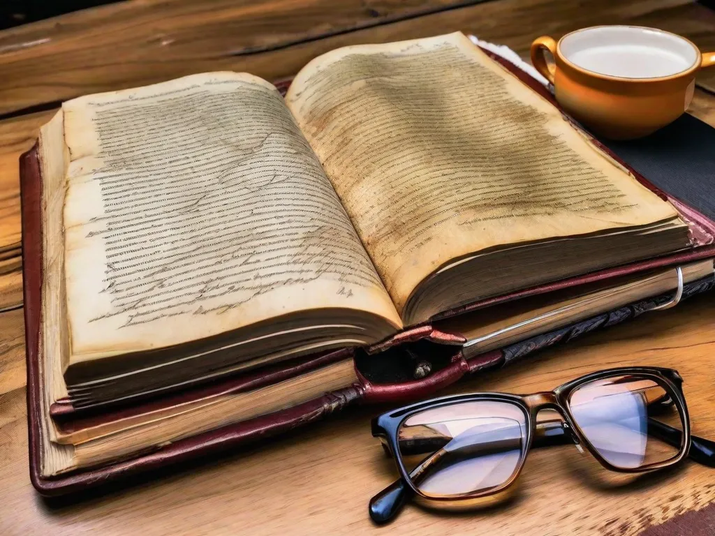 Descrição: Uma imagem em close-up de um livro desgastado com capa de couro e letras douradas intricadas. O livro repousa sobre uma mesa de madeira, cercado por uma bússola, uma pena de escrever e um mapa desbotado. A imagem captura a essência de uma emocionante aventura esperando para ser embarcada nas páginas deste antigo tomo.