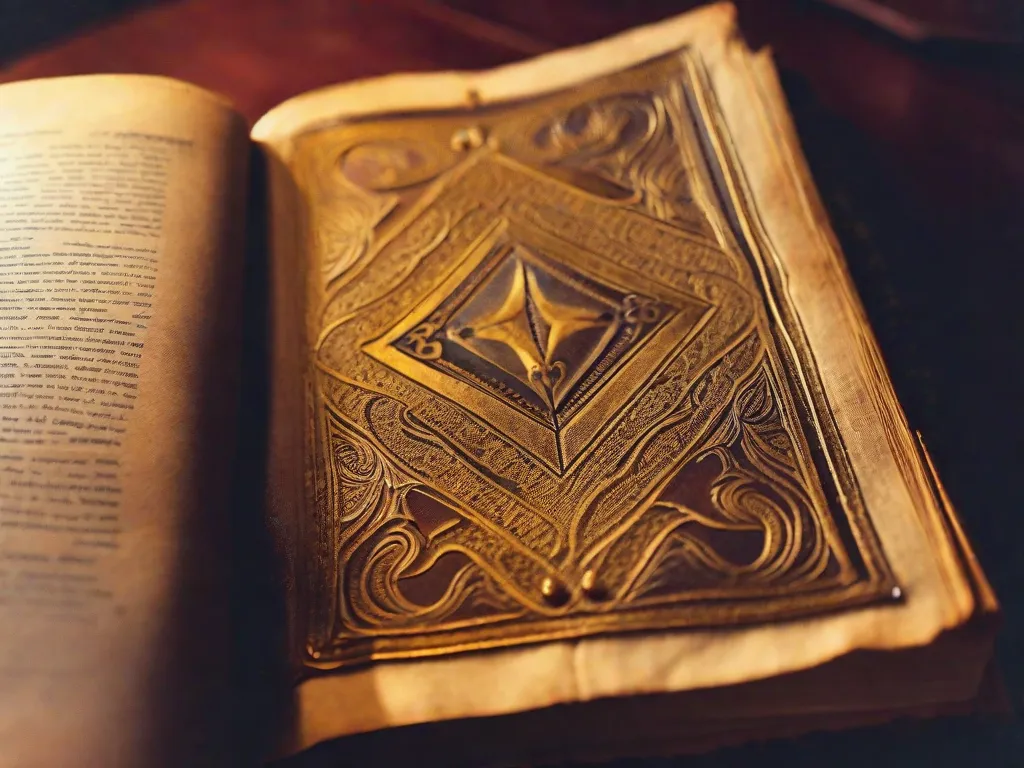 Descrição da imagem:
Um close-up de um livro desgastado com capa de couro descansando sobre uma mesa de madeira. As páginas do livro estão levemente amareladas pelo tempo, e sua capa apresenta padrões intricados e letras douradas em alto relevo. Uma luz suave passa por uma janela próxima, lançando um brilho suave sobre o livro, criando uma atmosfera convidativa para