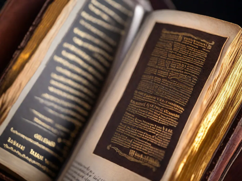 Descrição da imagem: Uma fotografia em close de um livro encadernado em couro desgastado, com letras douradas intrincadas em sua capa. O livro está aberto, revelando páginas amareladas cheias de anotações escritas à mão e trechos sublinhados. Raios de sol iluminam suavemente o texto, destacando a profundidade de conhecimento e sabedoria contida em suas pá