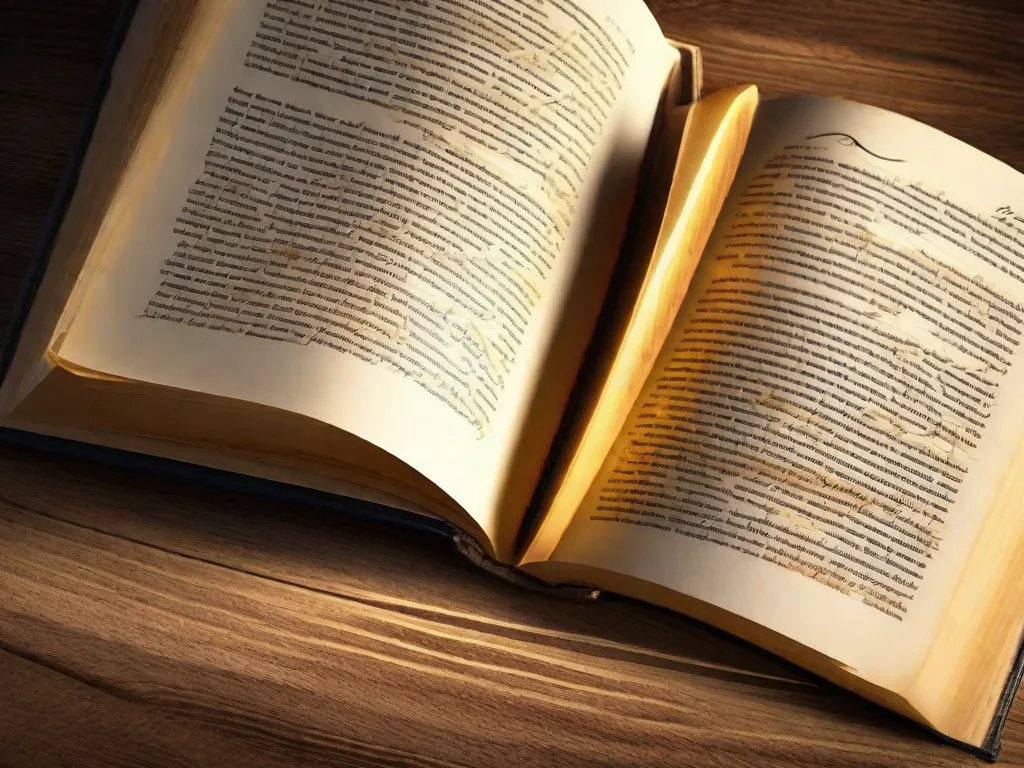 Descrição: Uma imagem de um livro aberto com páginas desgastadas, revelando o intrincado texto da Bíblia. Raios de luz dourada iluminam suavemente as palavras, criando uma sensação de reverência e significado espiritual. O livro repousa sobre uma mesa de madeira, simbolizando a sabedoria atemporal e orientação encontradas em suas páginas sagradas.