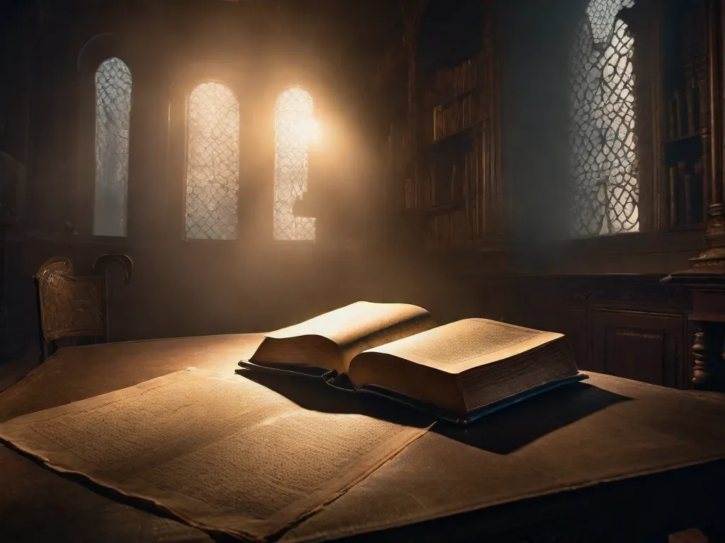 Uma sala mal iluminada com um livro antigo e empoeirado aberto sobre uma mesa de madeira. A luz tremeluzente da vela projeta sombras sinistras nas paredes, criando uma atmosfera de mistério e intriga. As páginas do livro estão repletas de símbolos criptográficos e diagramas, insinuando segredos antigos esperando para serem desvendados